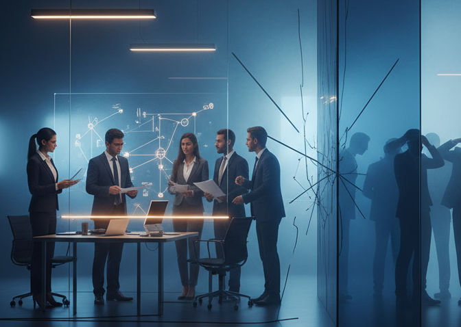 Menschen in einem futuristischem Besprechungsraum im professionellen Austausch