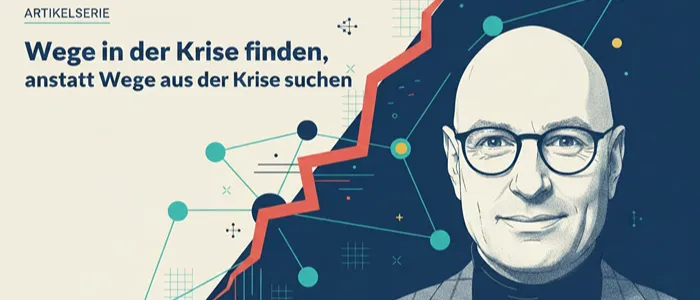 Illustration von Ulrich Watermann vor einer roten Krisenkurve und vernetzten Wegpunkten zum Thema Krisenkompetenz in Organisationen