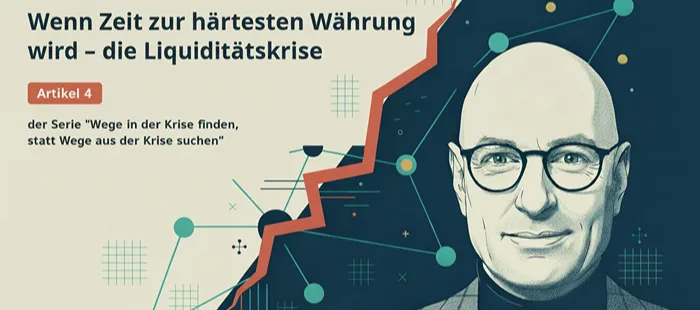 Illustration von Ulrich Watermann vor einer ansteigenden Krisenkurve zur Liquiditätskrise in Organisationen.