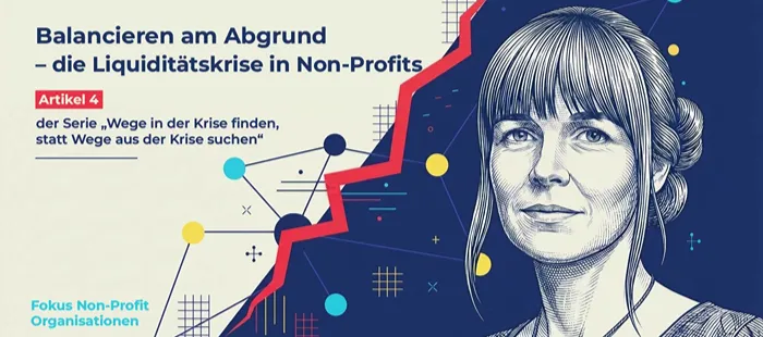 Illustration von Silvia Adler vor einer ansteigenden Krisenkurve zur Liquiditätskrise in Non-Profits.