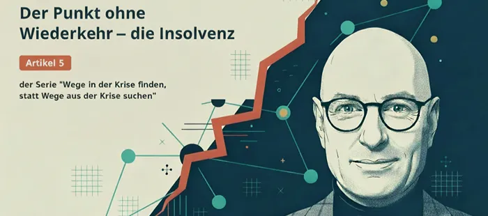 Illustration von Ulrich Watermann vor einer ansteigenden Krisenkurve zur Insolvenz in Organisationen.